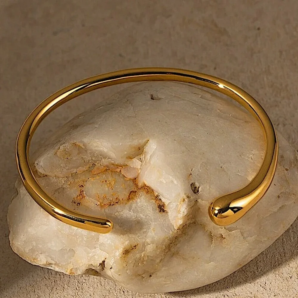 Gold Irregular Geometric Bangle Bracelet, Thick & Thin Cuff, Gold Plated - Picture 2 of 10